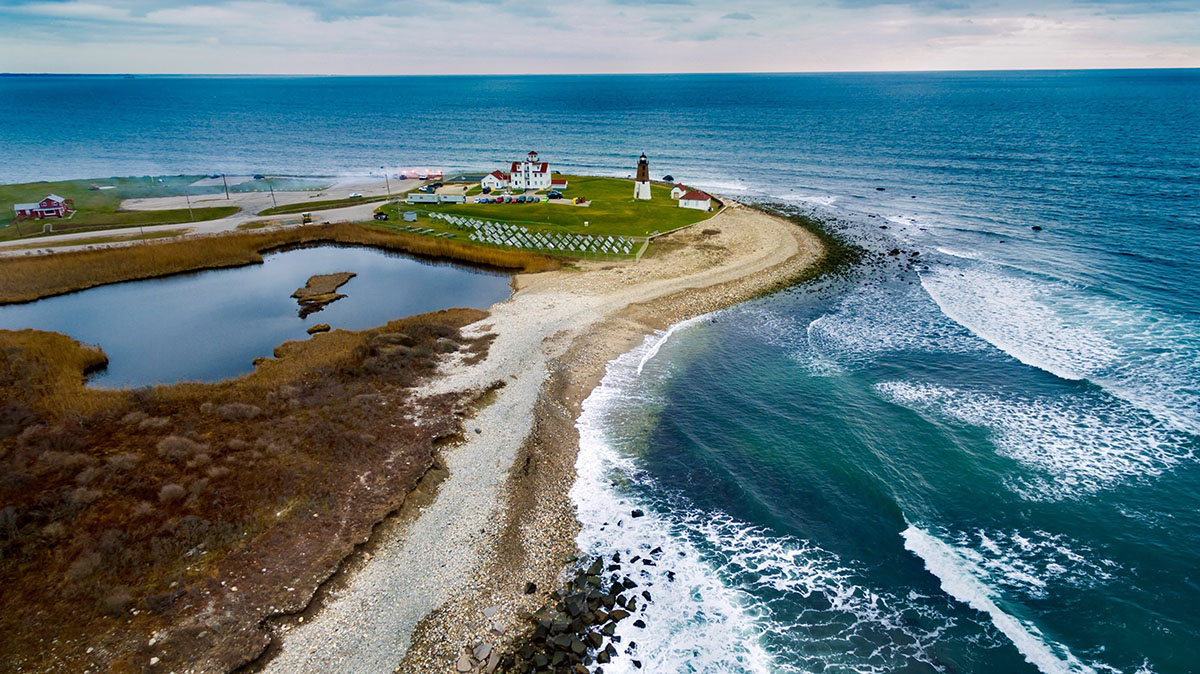 A drone shot of Point Judith, RI